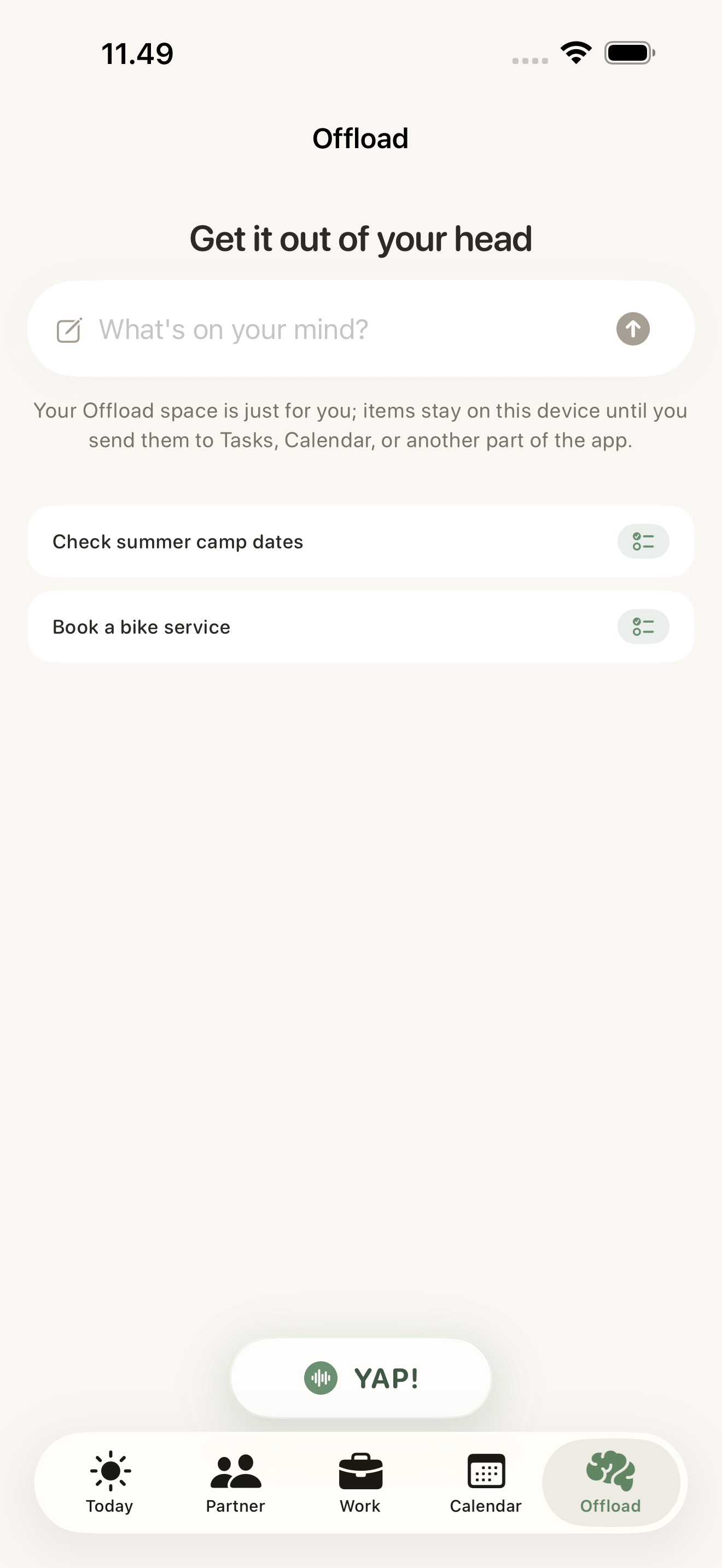 Mental Offload capture screen with summer camp dates and a bike service saved for later