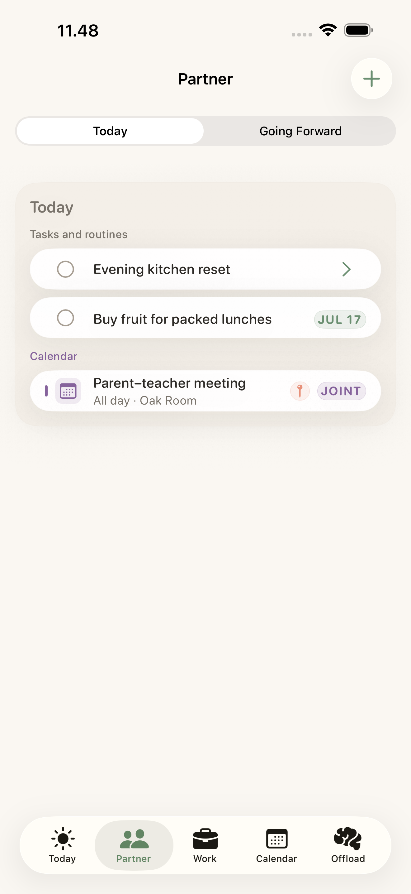 Partner screen showing the partner's kitchen routine, grocery task, and shared school appointment